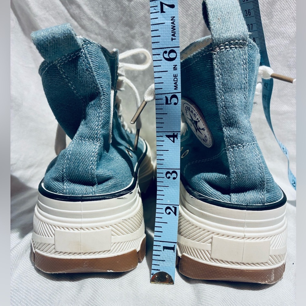 Denim High-Top Sneakers with White Laces, Lug Soles, Platforms, sz JP225/US 5 - Picture 5 of 12